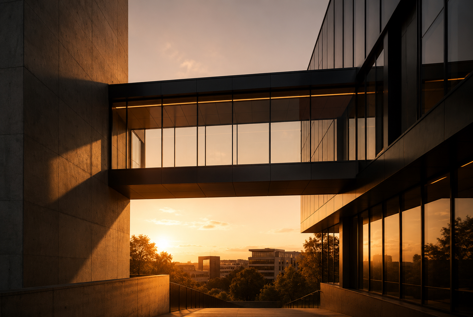 A glazed link bridge spanning two concrete buildings, lit from behind at sunset.