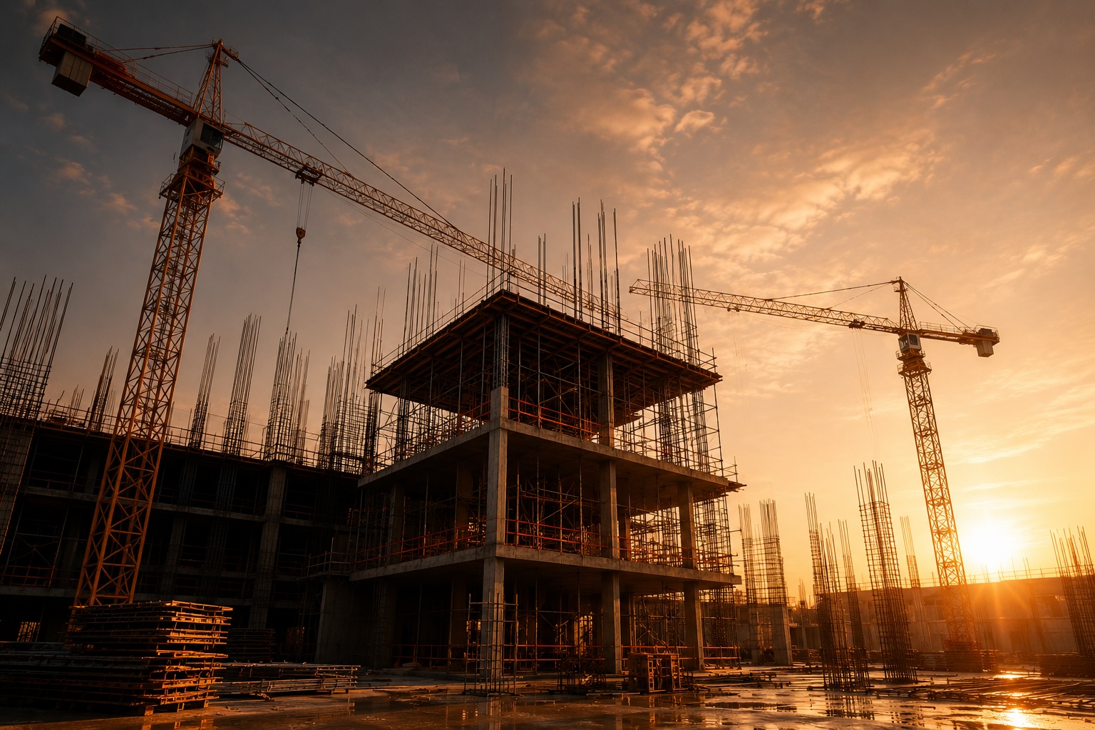 A multistorey concrete frame under construction, tower cranes against a low sun.
