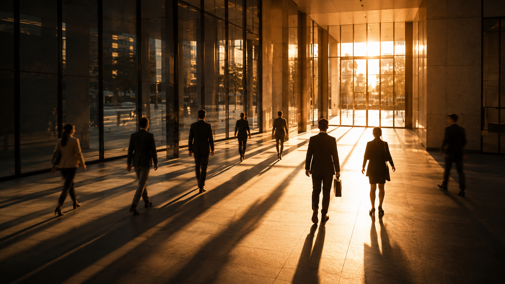 People crossing a stone-floored commercial lobby, long shadows from low sun.