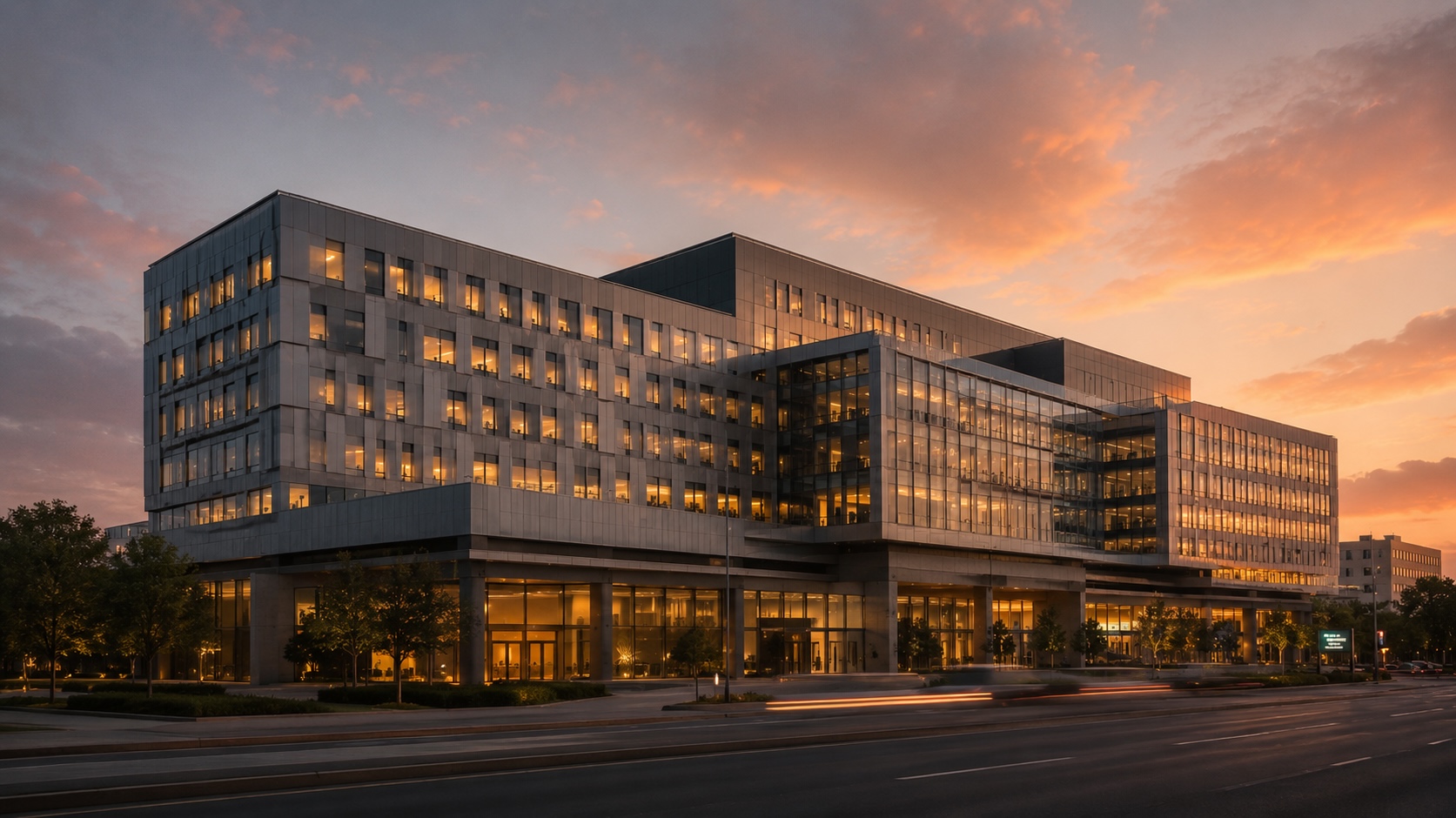 The New Royal Adelaide Hospital at dusk, its glazed façade lit from within.