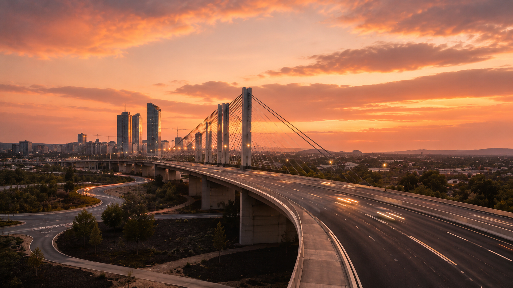 A multi-lane motorway interchange curving toward a city skyline at dusk.