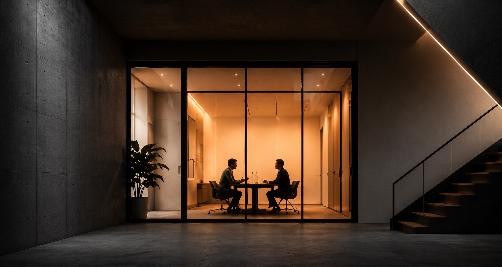 Two people talking across a table in a warmly lit meeting room seen from a concrete foyer.