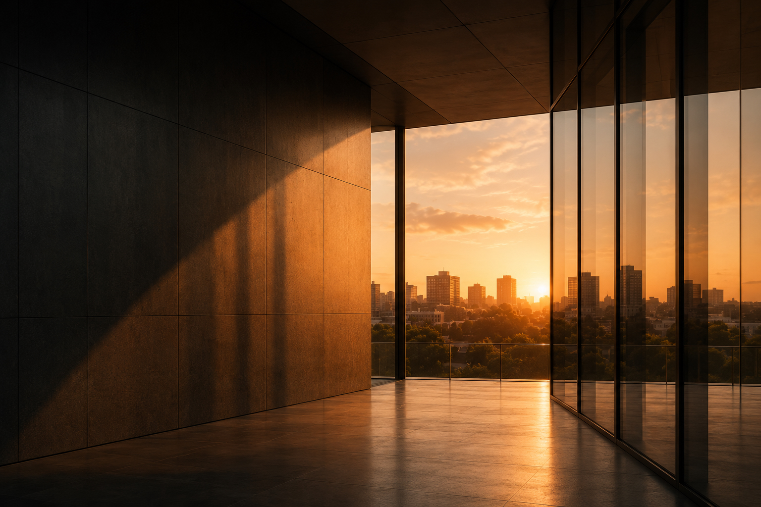 Low sun through the full-height glazing of a concrete interior, city beyond.