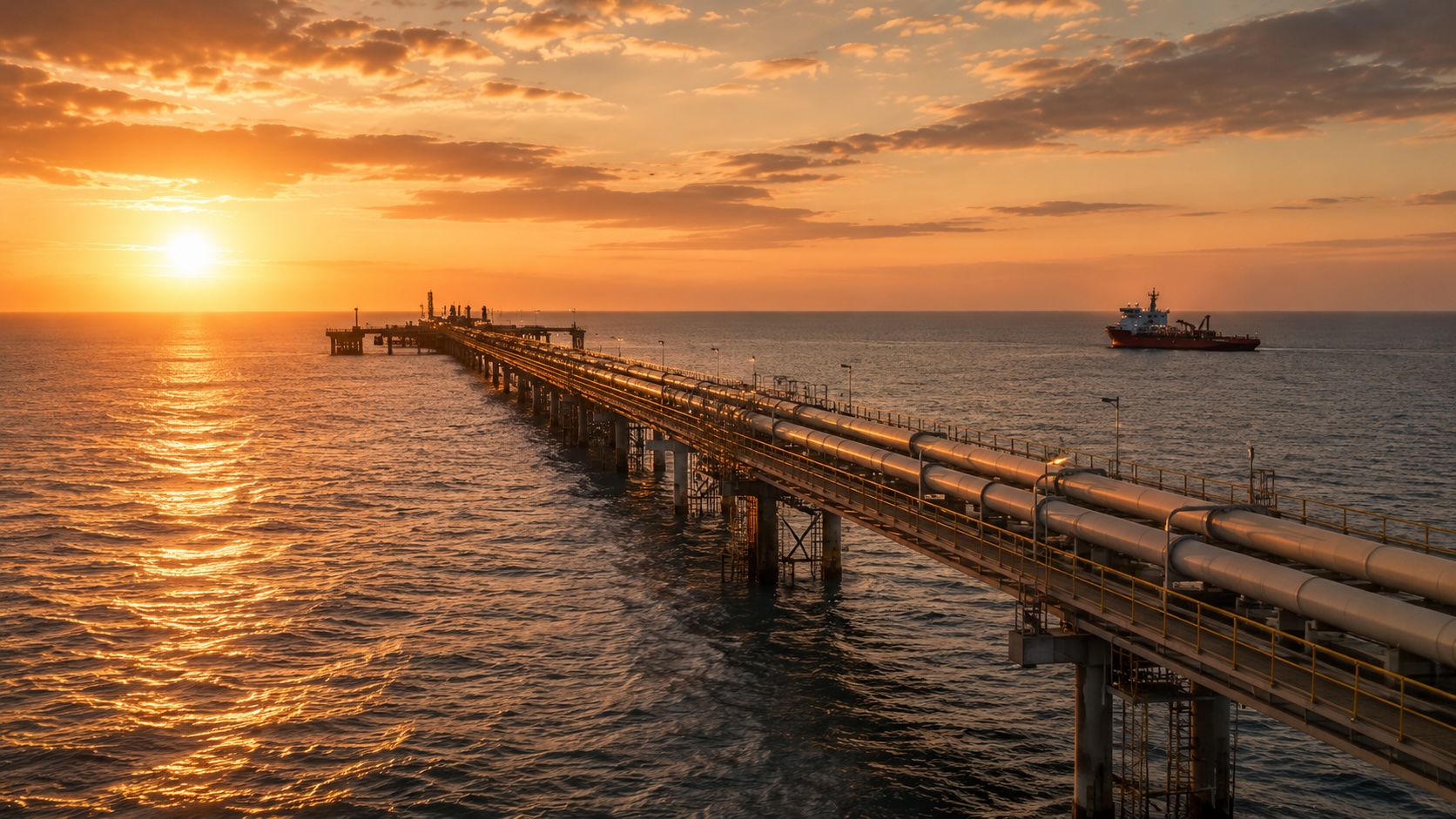 A high pressure gas transmission pipeline running out over water at sunset.